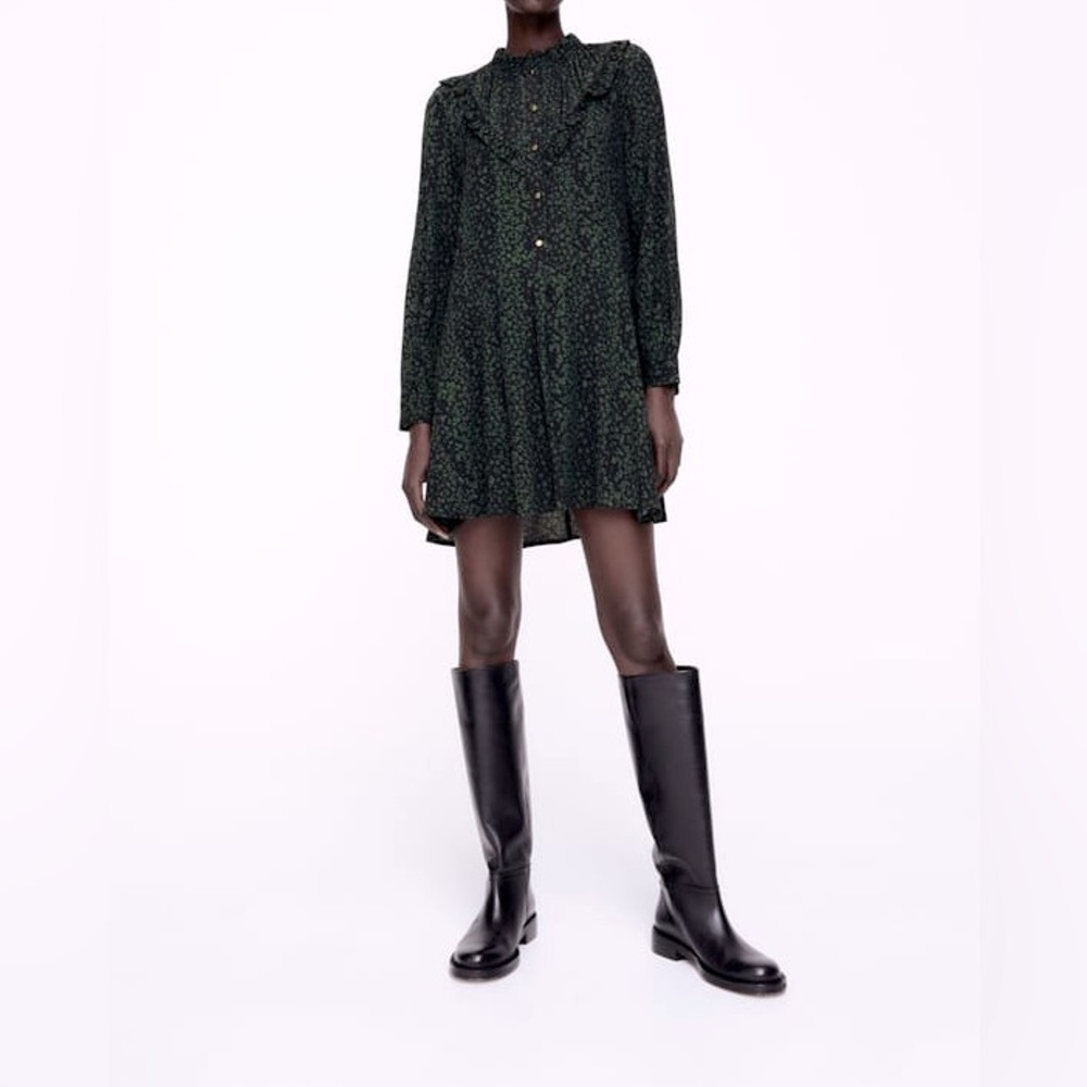 Zara Animal Print Ruffle Mini Dress, Color Green/Black, Size S, NWT